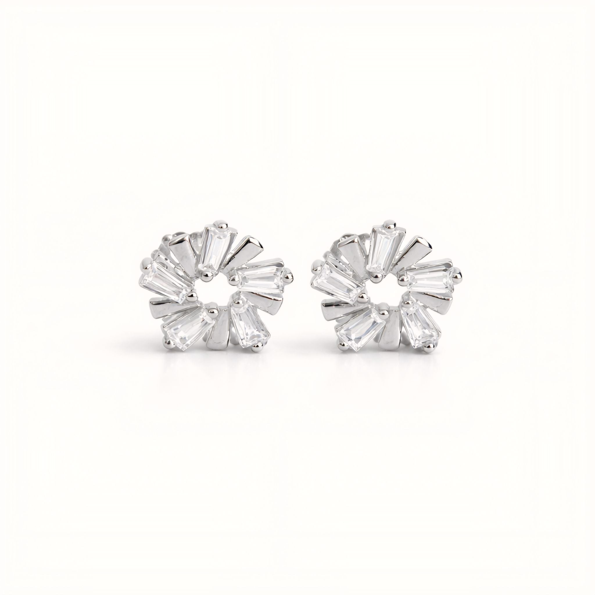 925 Sterling Silver Sunburst Wreath Stud Earrings With Baguette Cubic Zirconia