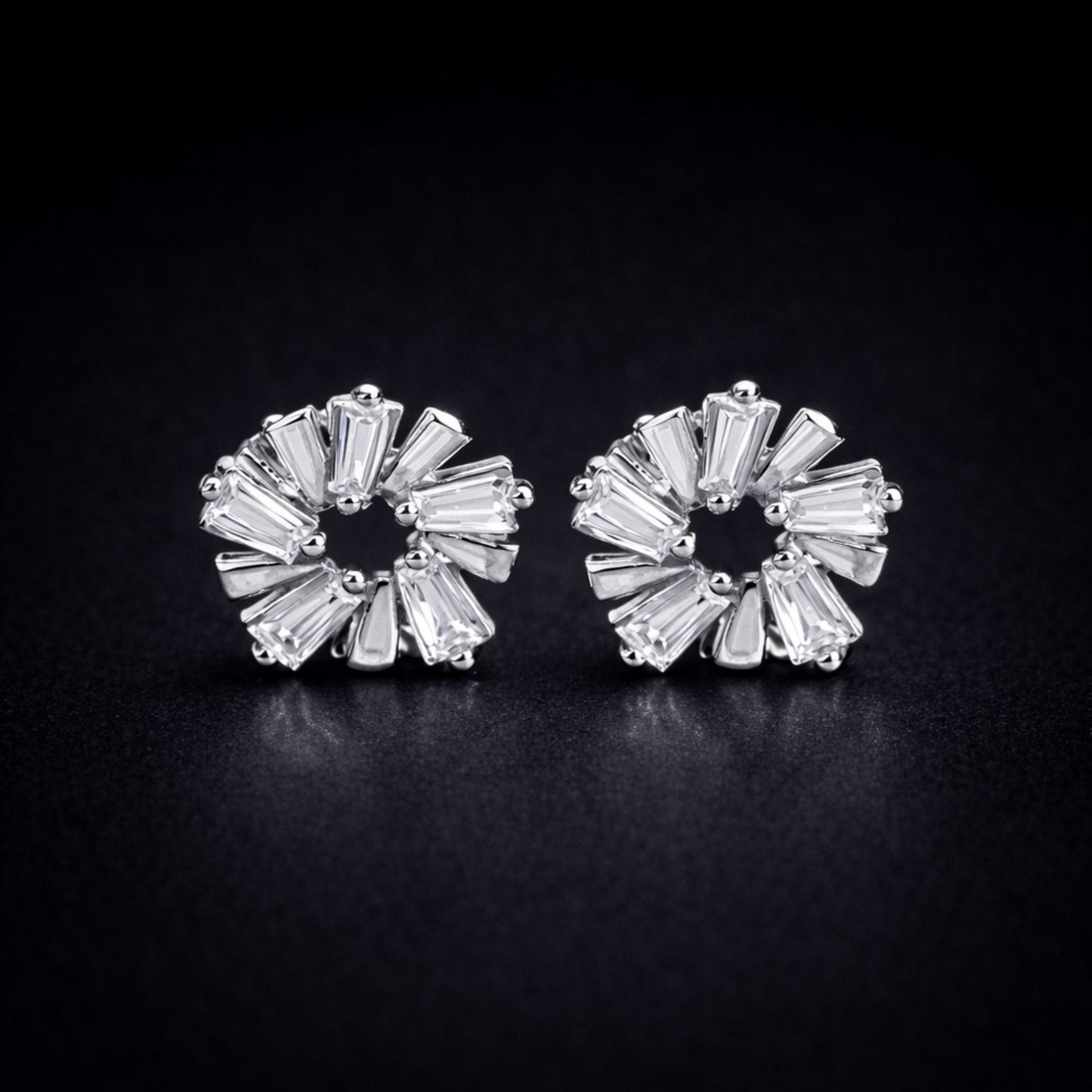 925 Sterling Silver Sunburst Wreath Stud Earrings With Baguette Cubic Zirconia