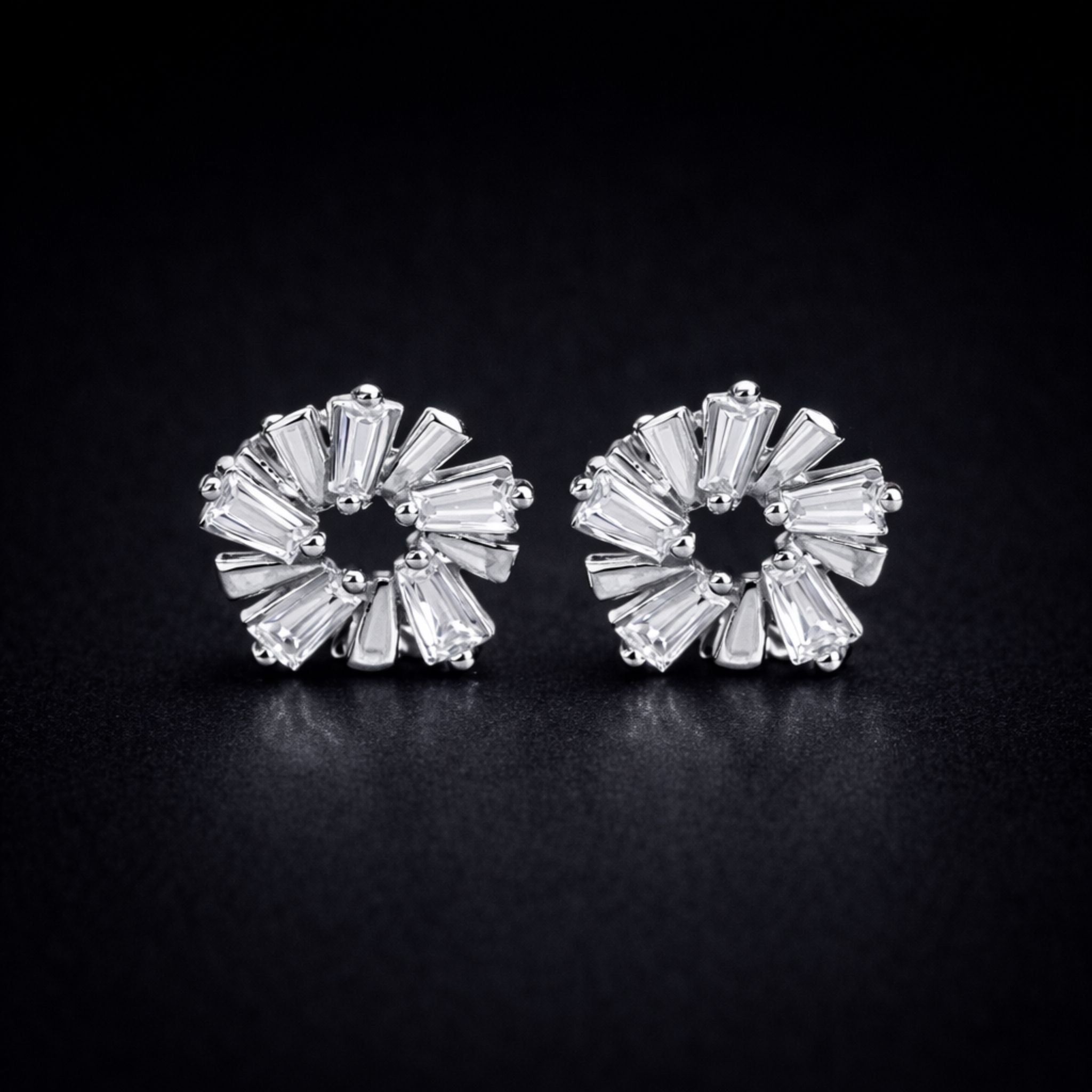 925 Sterling Silver Sunburst Wreath Stud Earrings With Baguette Cubic Zirconia
