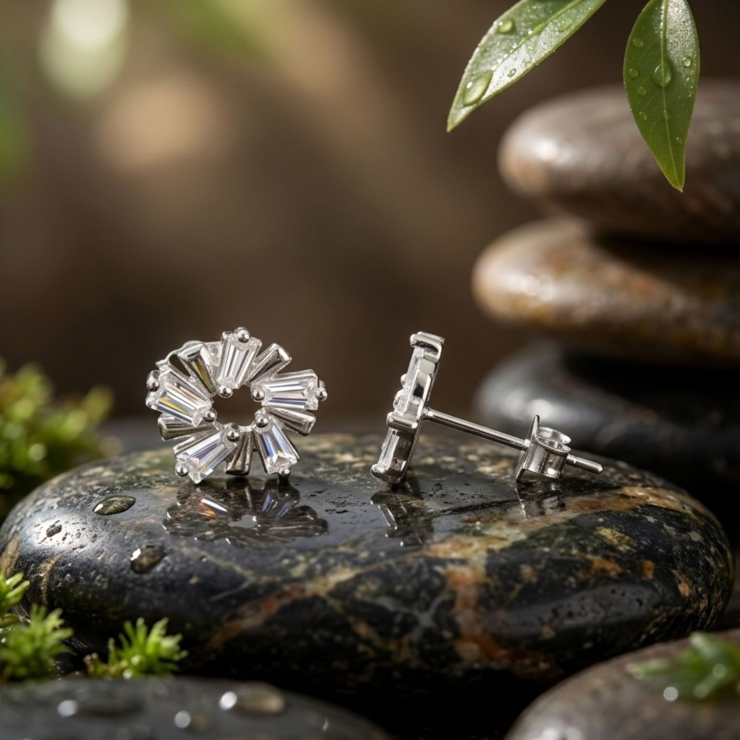 925 Sterling Silver Sunburst Wreath Stud Earrings With Baguette Cubic Zirconia