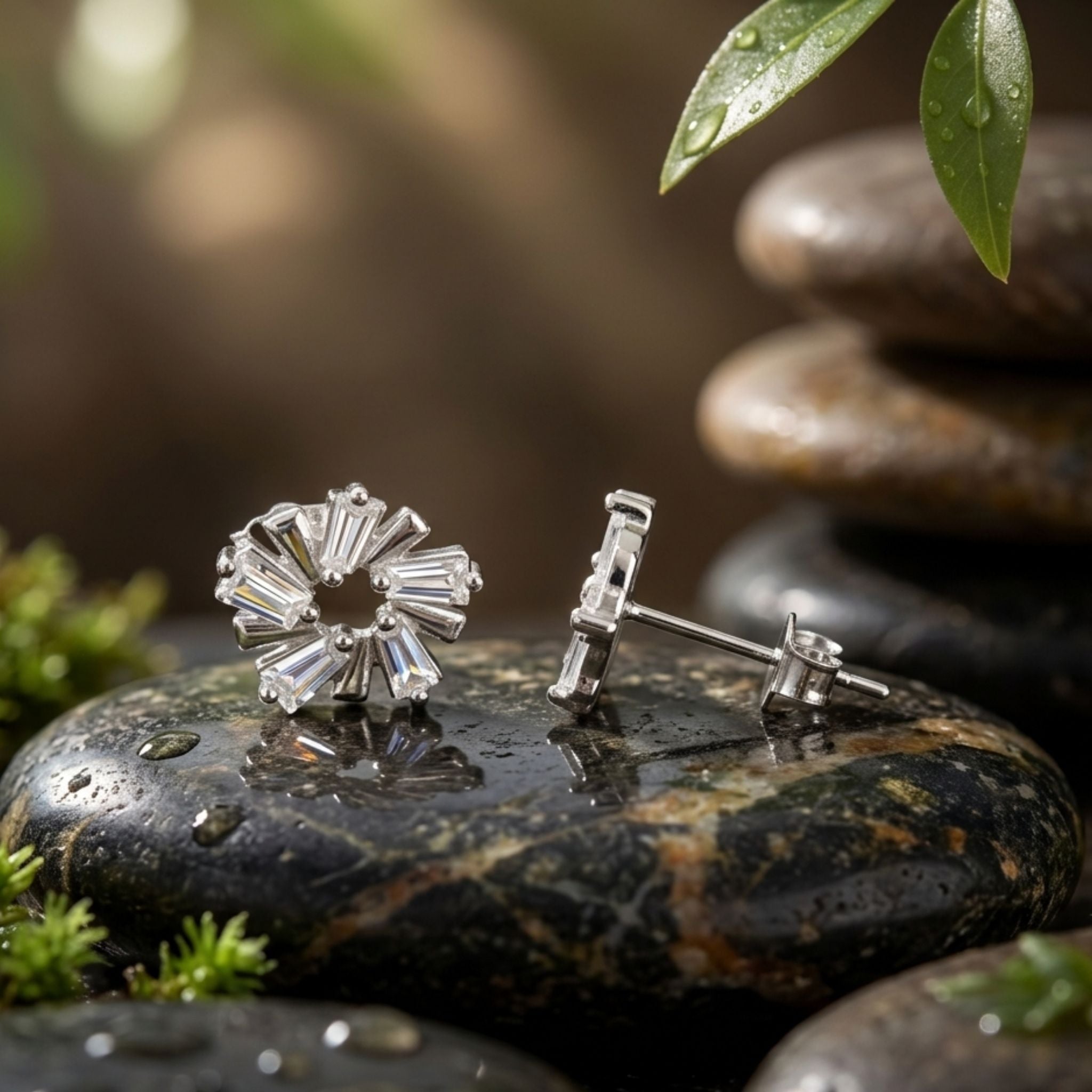 925 Sterling Silver Sunburst Wreath Stud Earrings With Baguette Cubic Zirconia