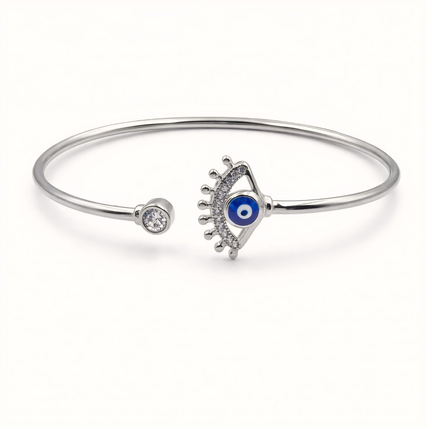 925 Silver-Tone Flexible Open Cuff Kada with Evil Eye & Cubic Zirconia