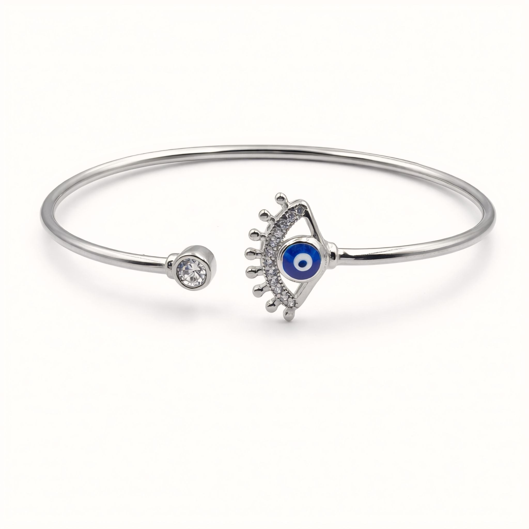 925 Silver-Tone Flexible Open Cuff Kada with Evil Eye & Cubic Zirconia