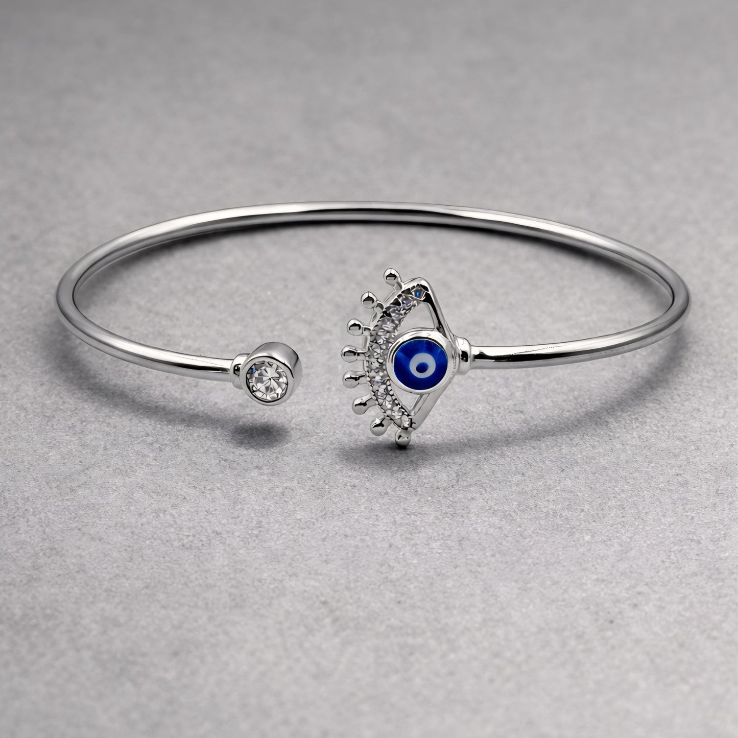 925 Silver-Tone Flexible Open Cuff Kada with Evil Eye & Cubic Zirconia