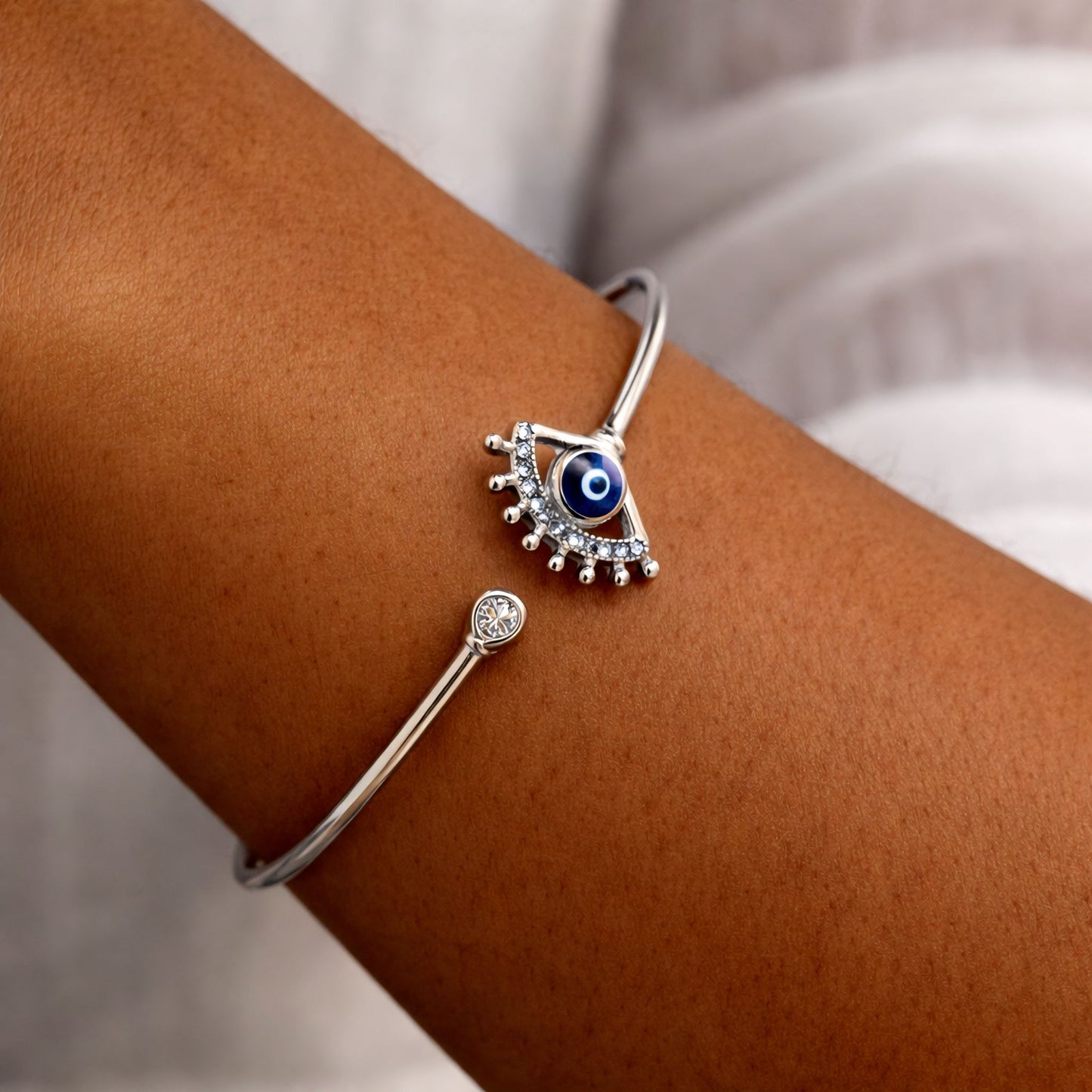 925 Silver-Tone Flexible Open Cuff Kada with Evil Eye & Cubic Zirconia