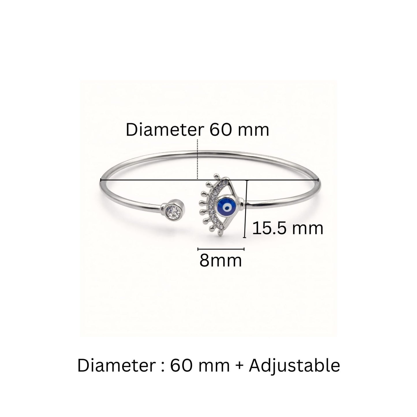 925 Silver-Tone Flexible Open Cuff Kada with Evil Eye & Cubic Zirconia