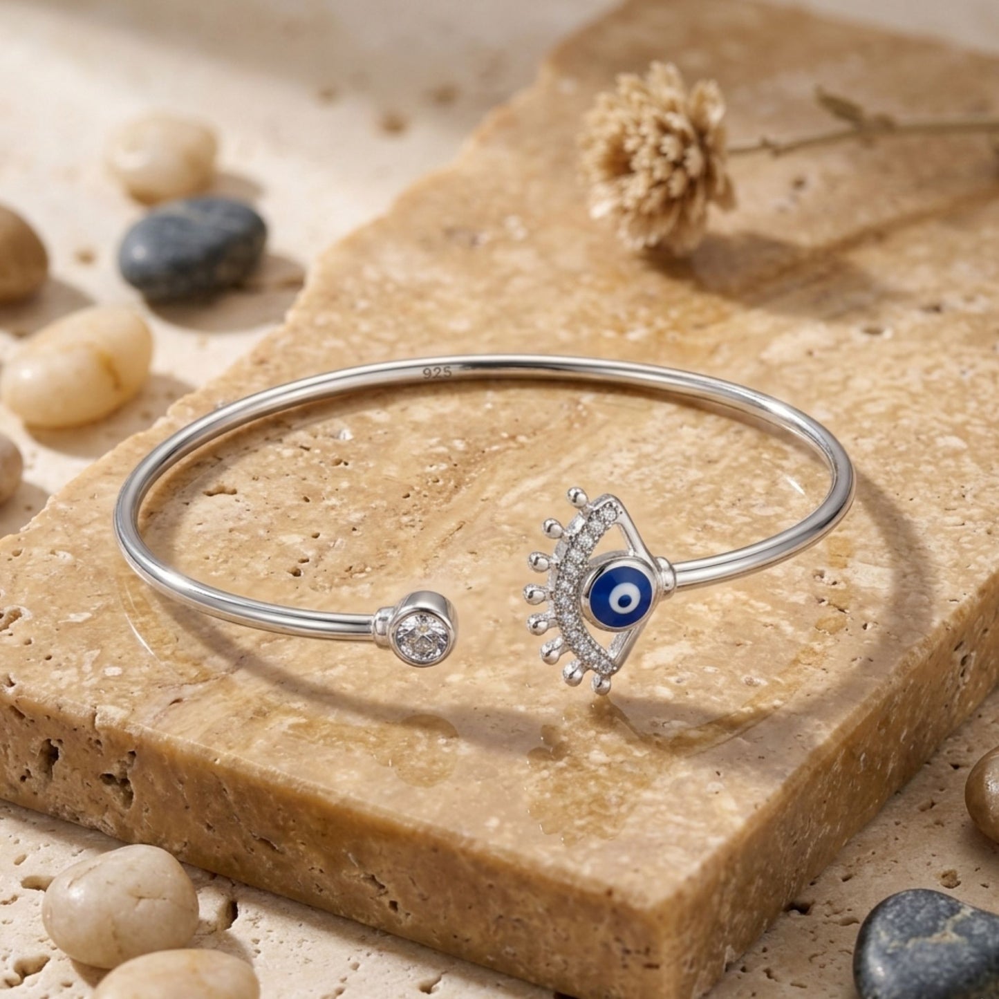 925 Silver-Tone Flexible Open Cuff Kada with Evil Eye & Cubic Zirconia