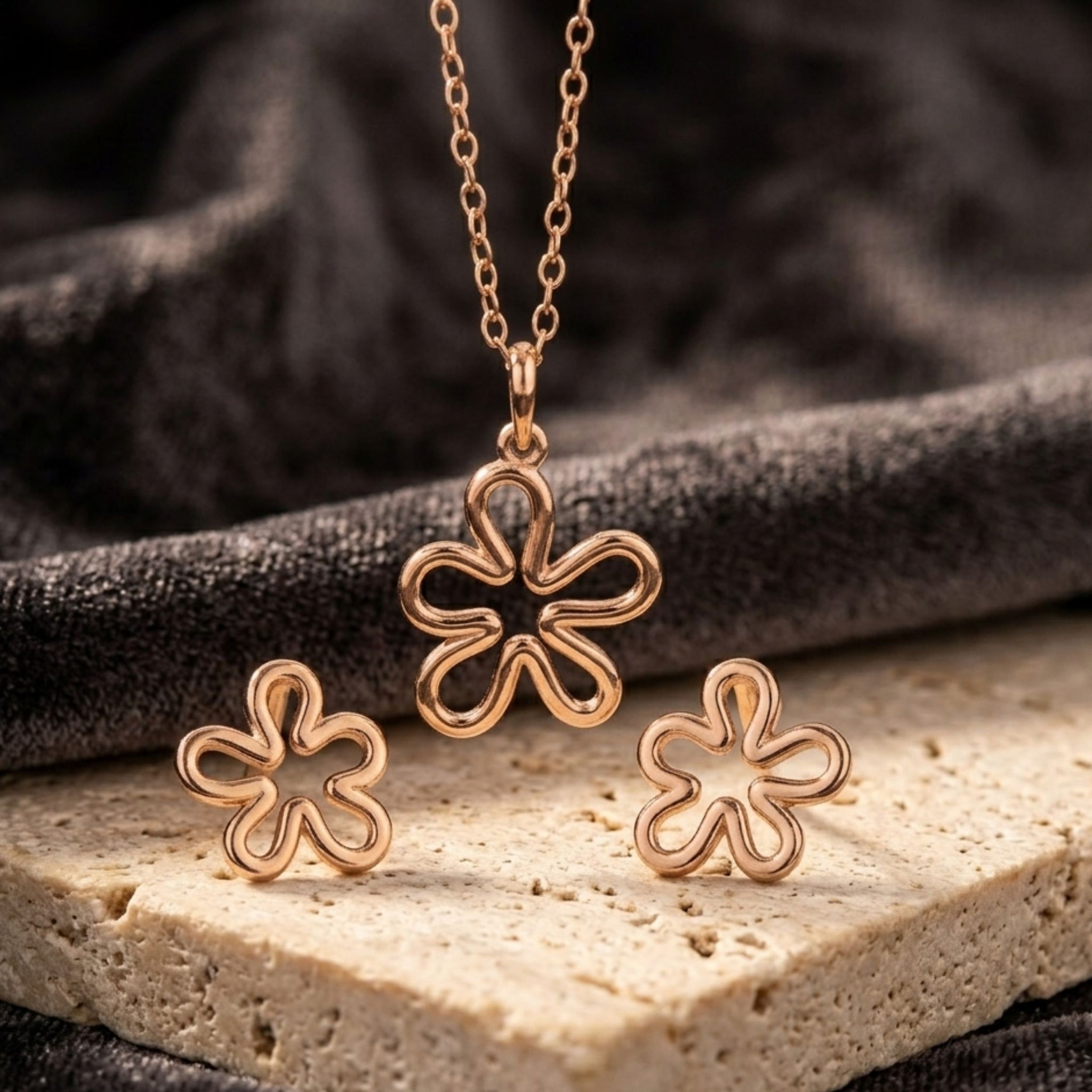 Rose Gold-Plated 925 Sterling Silver Floral Pendant and Earrings Set