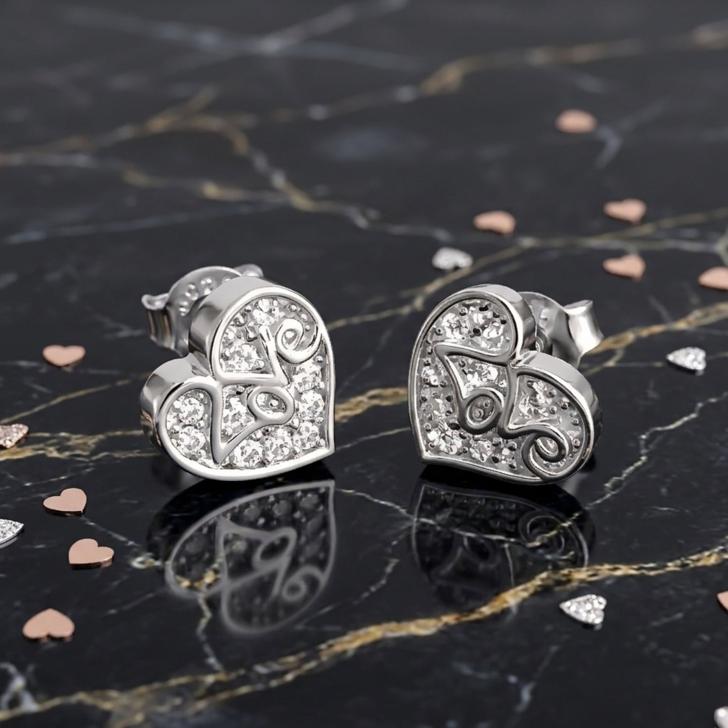 925 Sterling Silver LOVE Heart Stud Earrings With Cubic Zirconia
