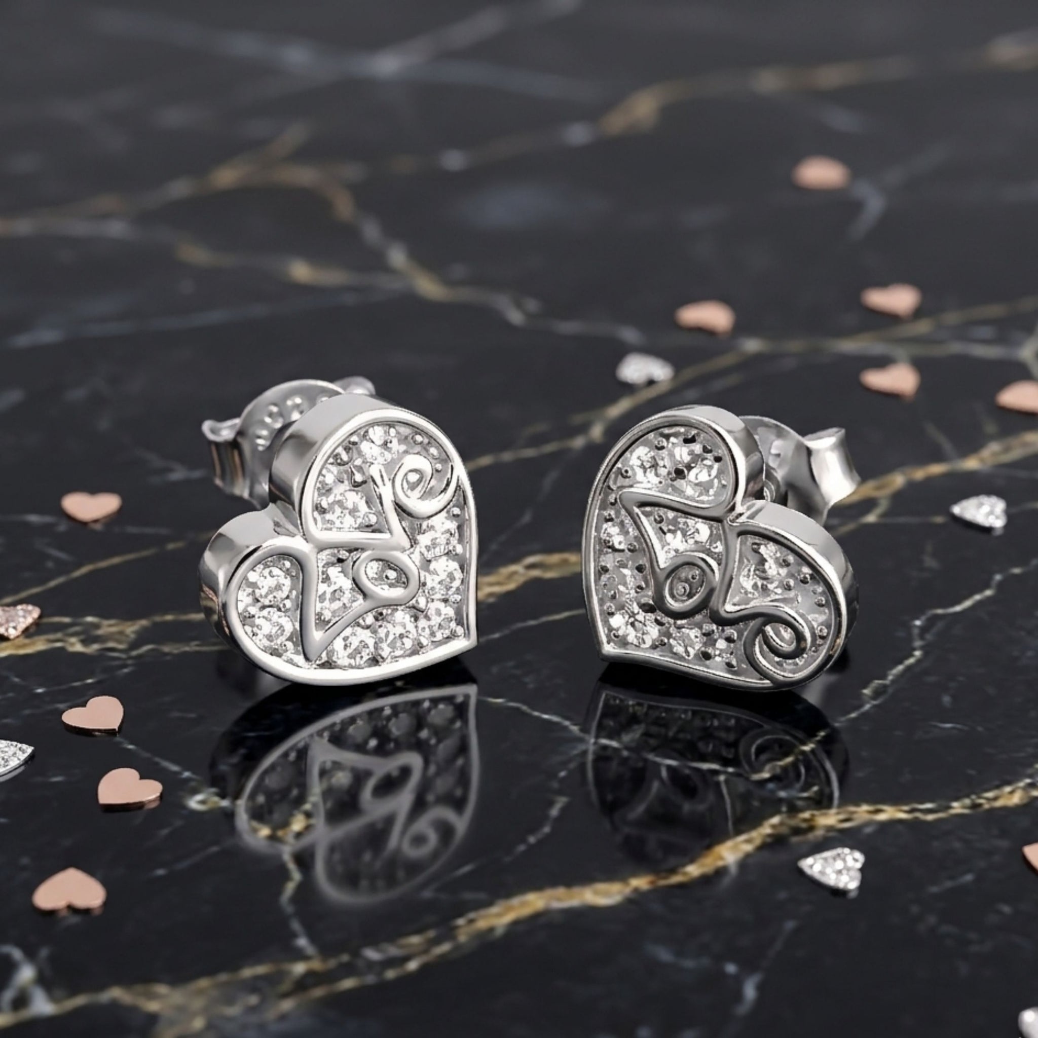 925 Sterling Silver LOVE Heart Stud Earrings With Cubic Zirconia