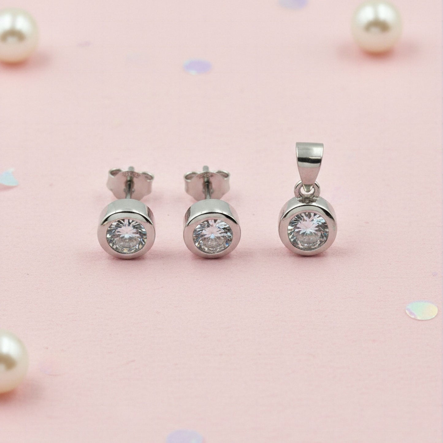 925 Sterling Silver Bezel-Set Round Cut Cubic Zirconia Pendant and Earrings Set