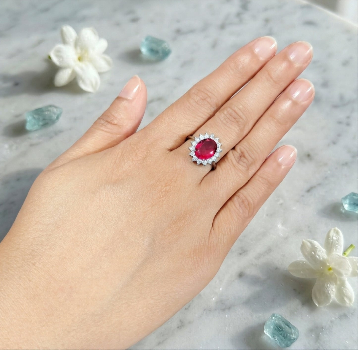925 Sterling Silver Royal Oval Cut Ruby Bloom Ring with Cubic Zirconia