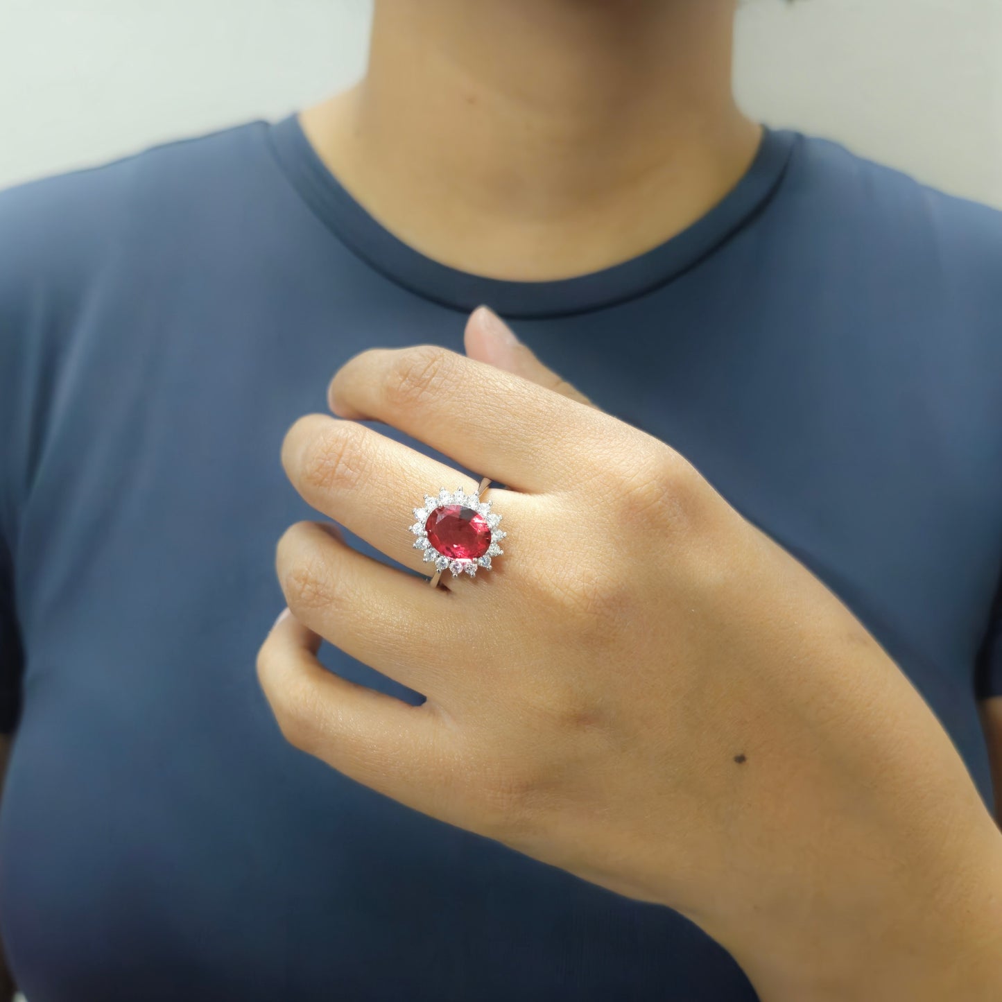 925 Sterling Silver Royal Oval Cut Ruby Bloom Ring with Cubic Zirconia