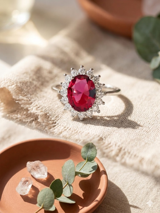 925 Sterling Silver Royal Oval Cut Ruby Bloom Ring with Cubic Zirconia