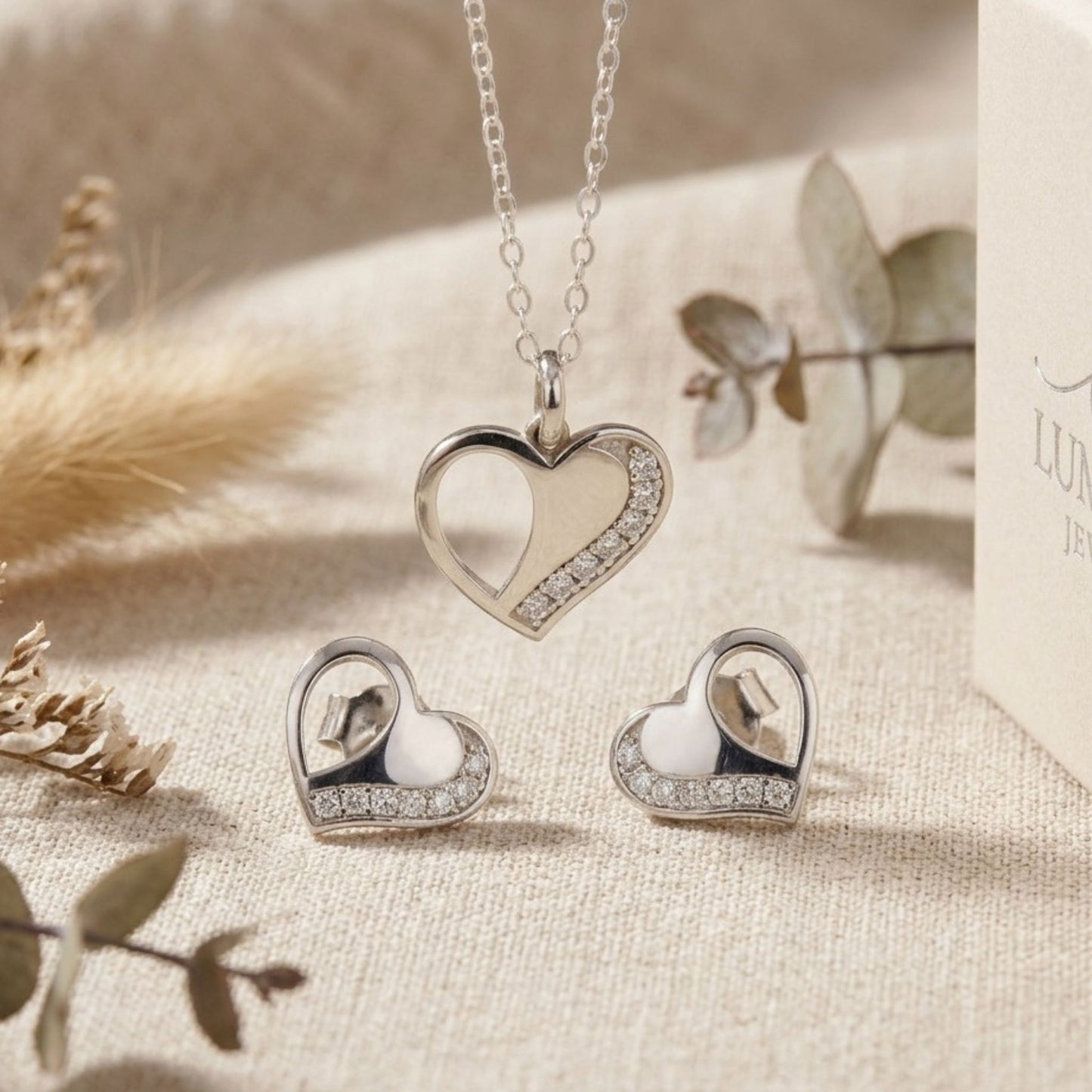 925 Sterling Silver Heart Pendant and Earrings Jewelry Set With Cubic Zirconia