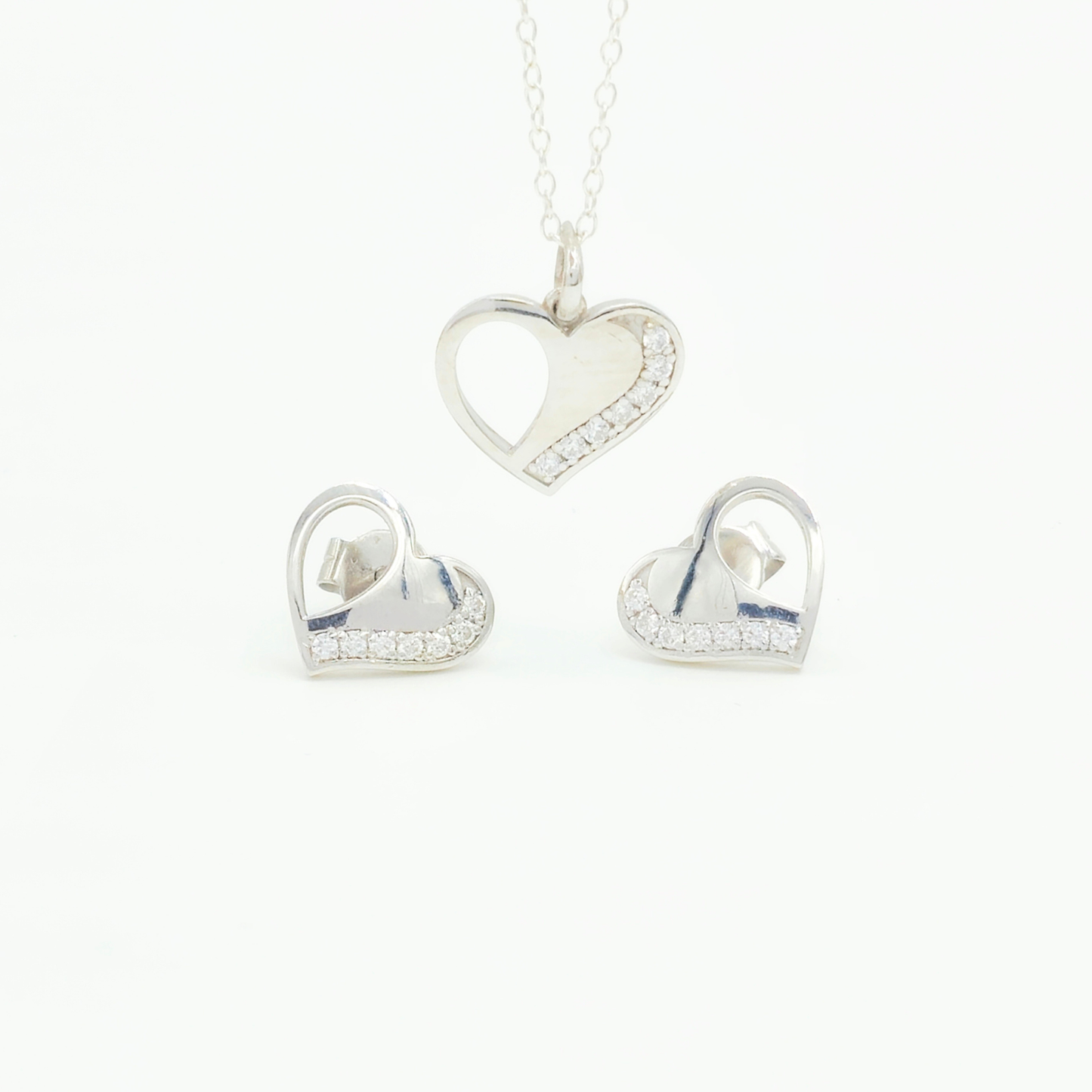 925 Sterling Silver Heart Pendant and Earrings Jewelry Set With Cubic Zirconia