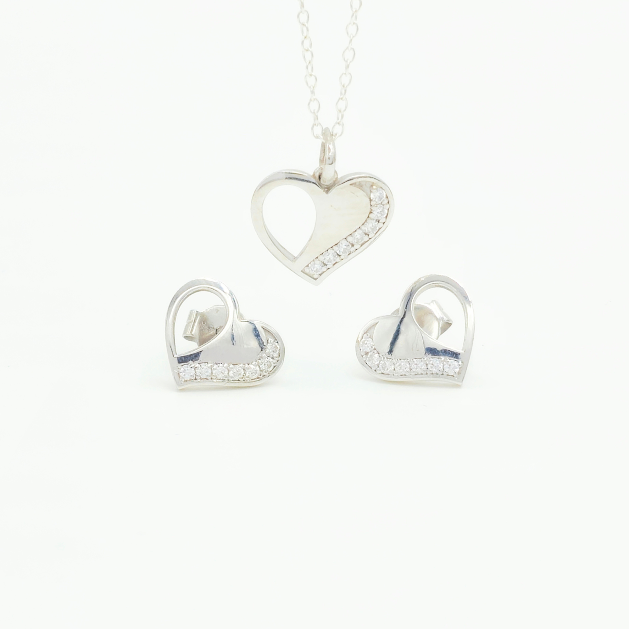925 Sterling Silver Heart Pendant and Earrings Jewelry Set With Cubic Zirconia