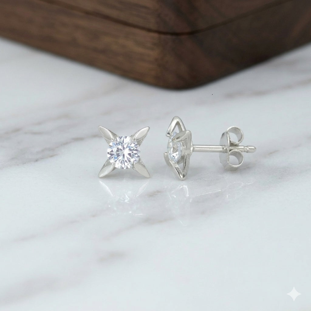 925 Sterling Silver Starburst Solitaire Pendant and Earrings Set With Cubic Zirconia