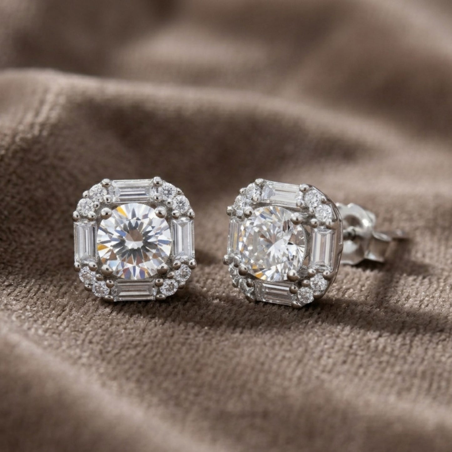 925 Sterling Silver Art Deco Solitaire Halo Stud Earrings with Cubic Zirconia