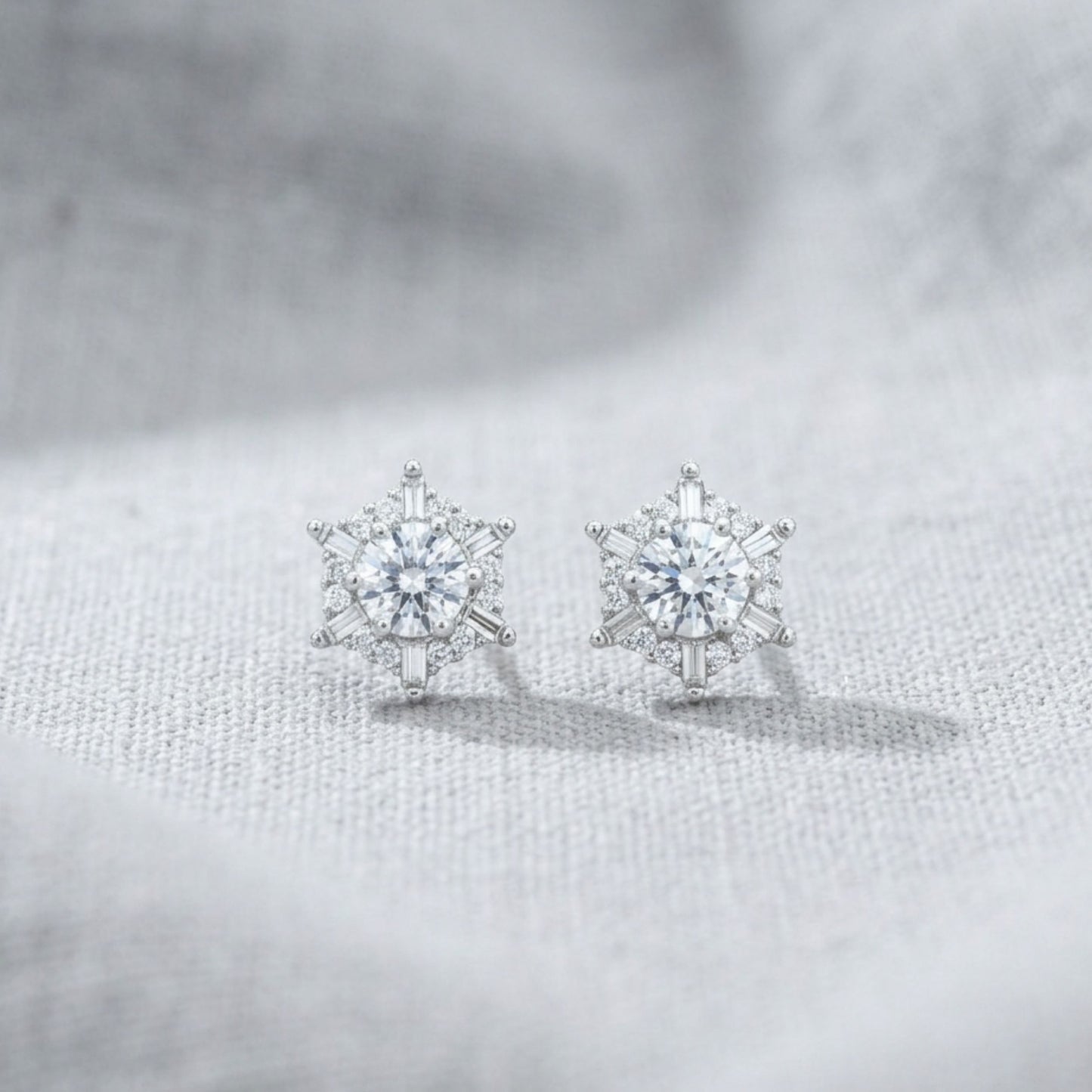 925 Sterling Silver Snowflake Stud Earrings With Round & Baguette Cut Cubic Zirconia