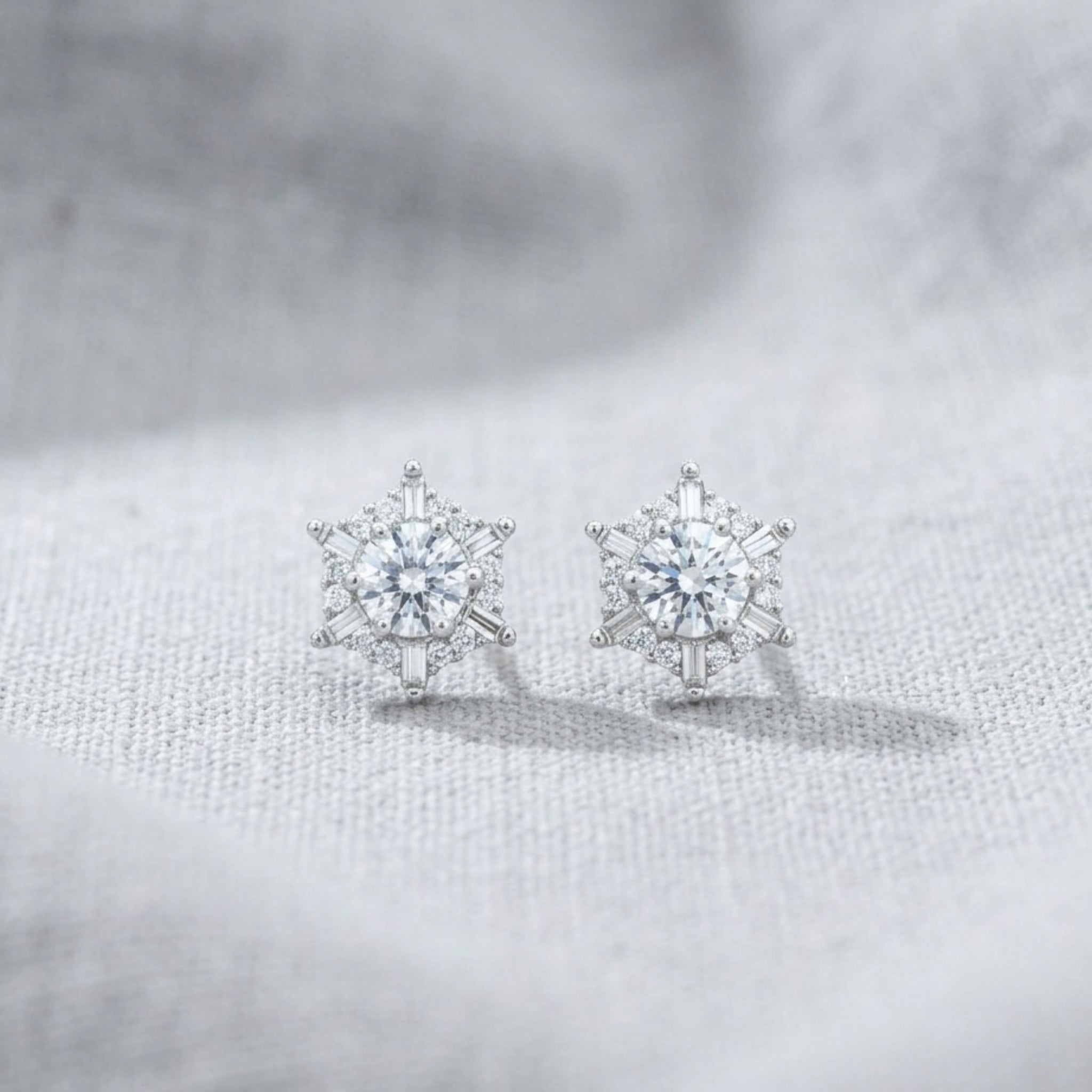 925 Sterling Silver Snowflake Stud Earrings With Round & Baguette Cut Cubic Zirconia
