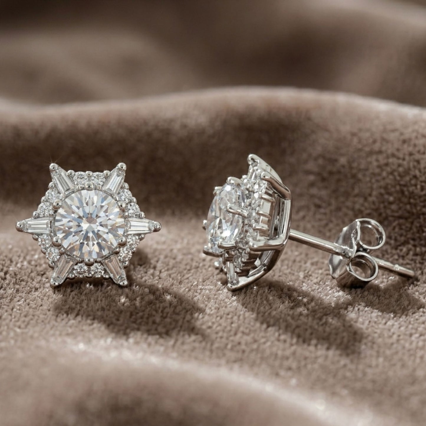 925 Sterling Silver Snowflake Stud Earrings With Round & Baguette Cut Cubic Zirconia