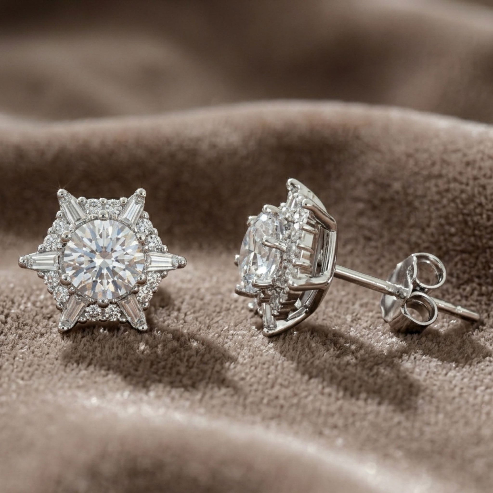 925 Sterling Silver Snowflake Stud Earrings With Round & Baguette Cut Cubic Zirconia