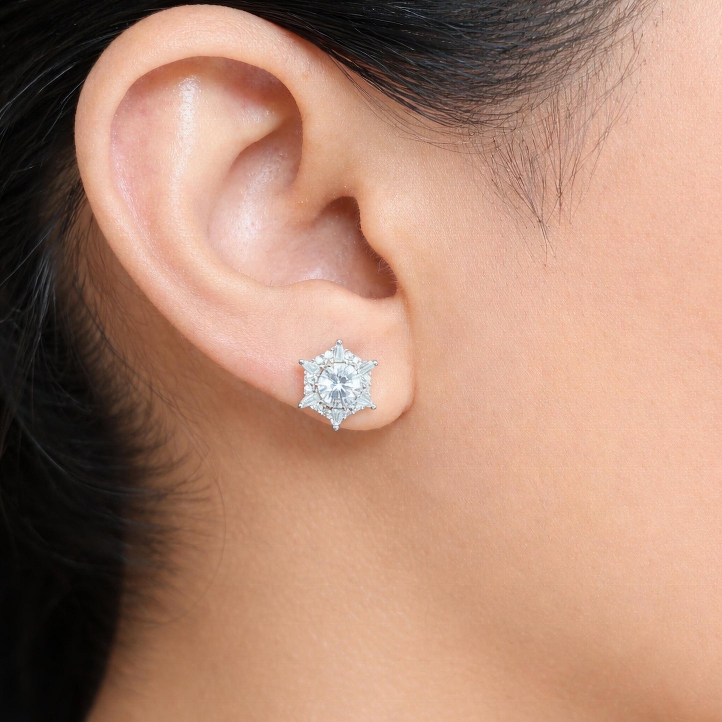 925 Sterling Silver Snowflake Stud Earrings With Round & Baguette Cut Cubic Zirconia