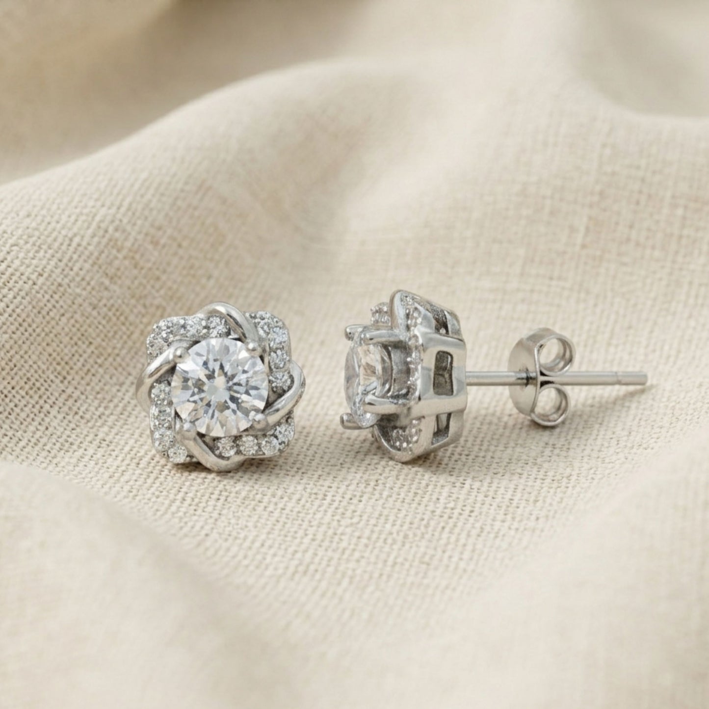 925 Sterling Silver Cushion Floral Halo Stud Earrings With Round Cubic Zirconia Solitaire