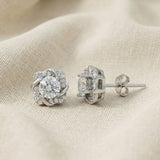 925 Sterling Silver Cushion Floral Halo Stud Earrings With Round Cubic Zirconia Solitaire