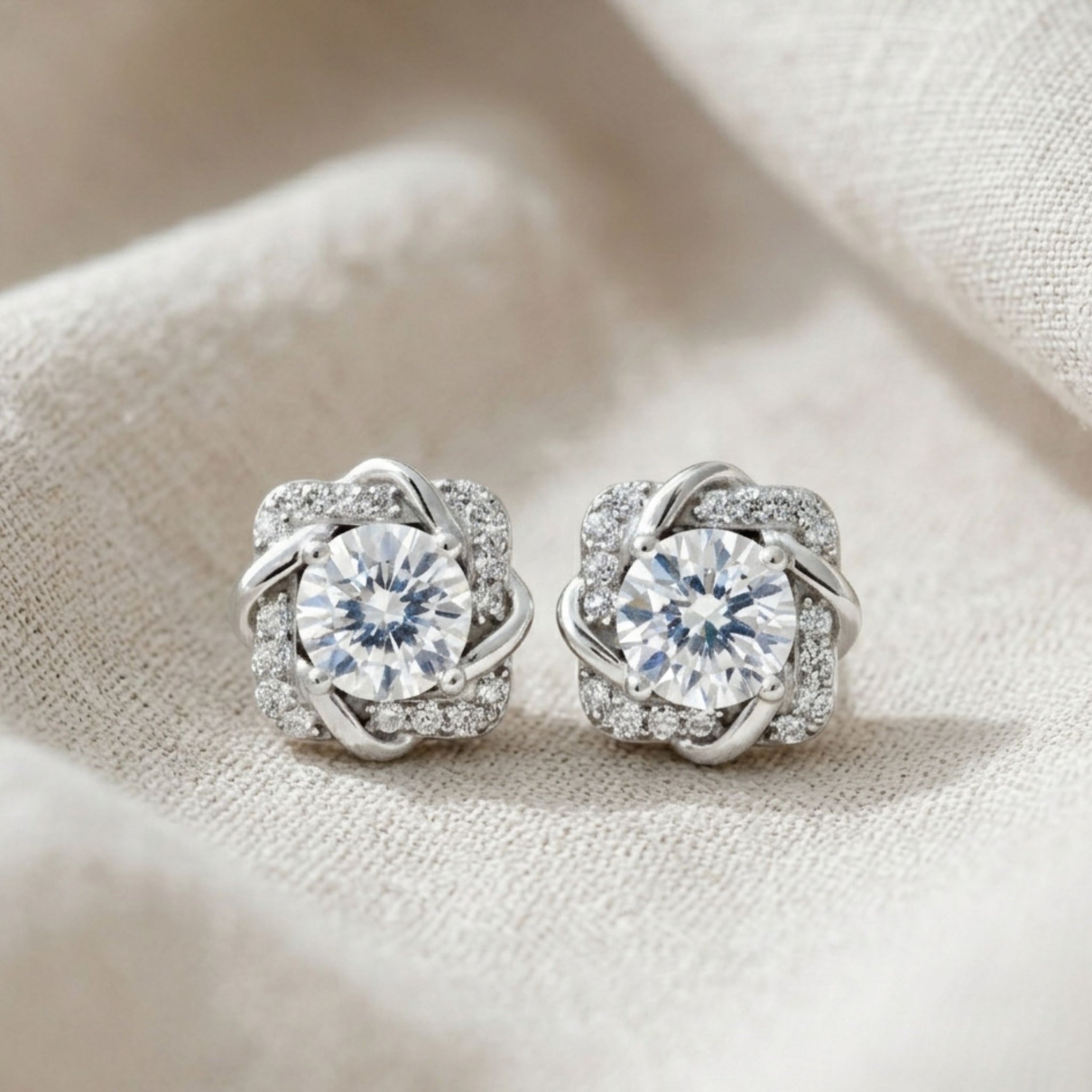 925 Sterling Silver Cushion Floral Halo Stud Earrings With Round Cubic Zirconia Solitaire