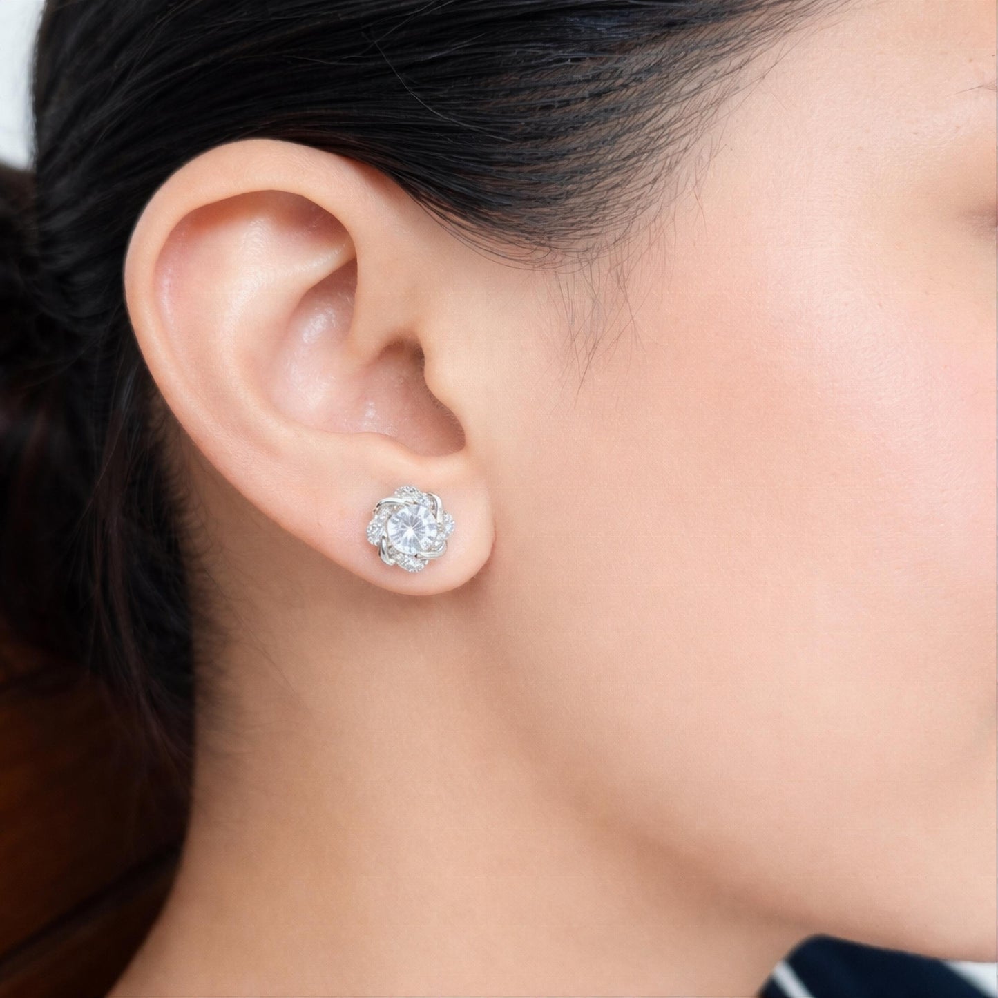 925 Sterling Silver Cushion Floral Halo Stud Earrings With Round Cubic Zirconia Solitaire