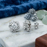 925 Sterling Silver Cushion Floral Halo Stud Earrings With Round Cubic Zirconia Solitaire