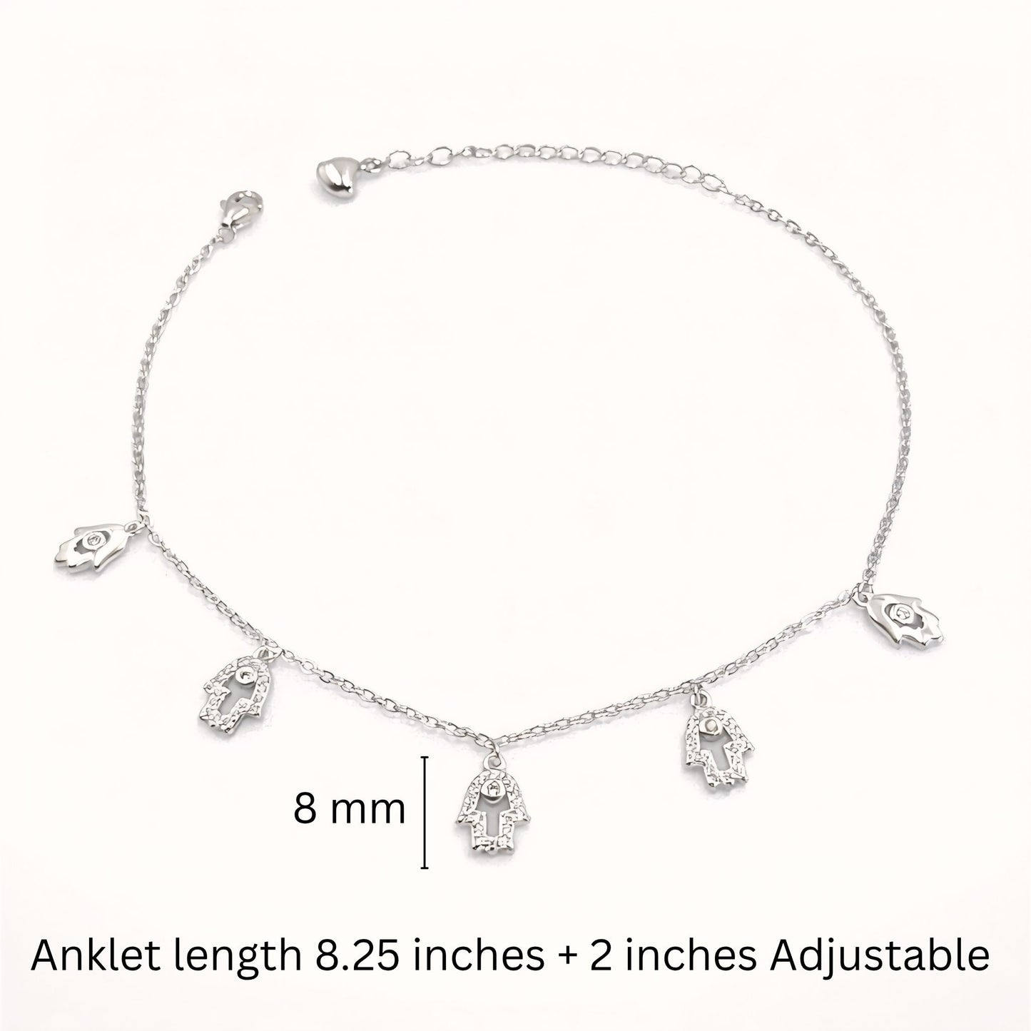 925 Sterling Silver Hamsa Hand Anklet with Dangling Charms and Cubic Zirconia