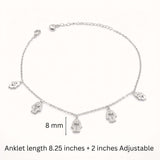 925 Sterling Silver Hamsa Hand Anklet with Dangling Charms and Cubic Zirconia