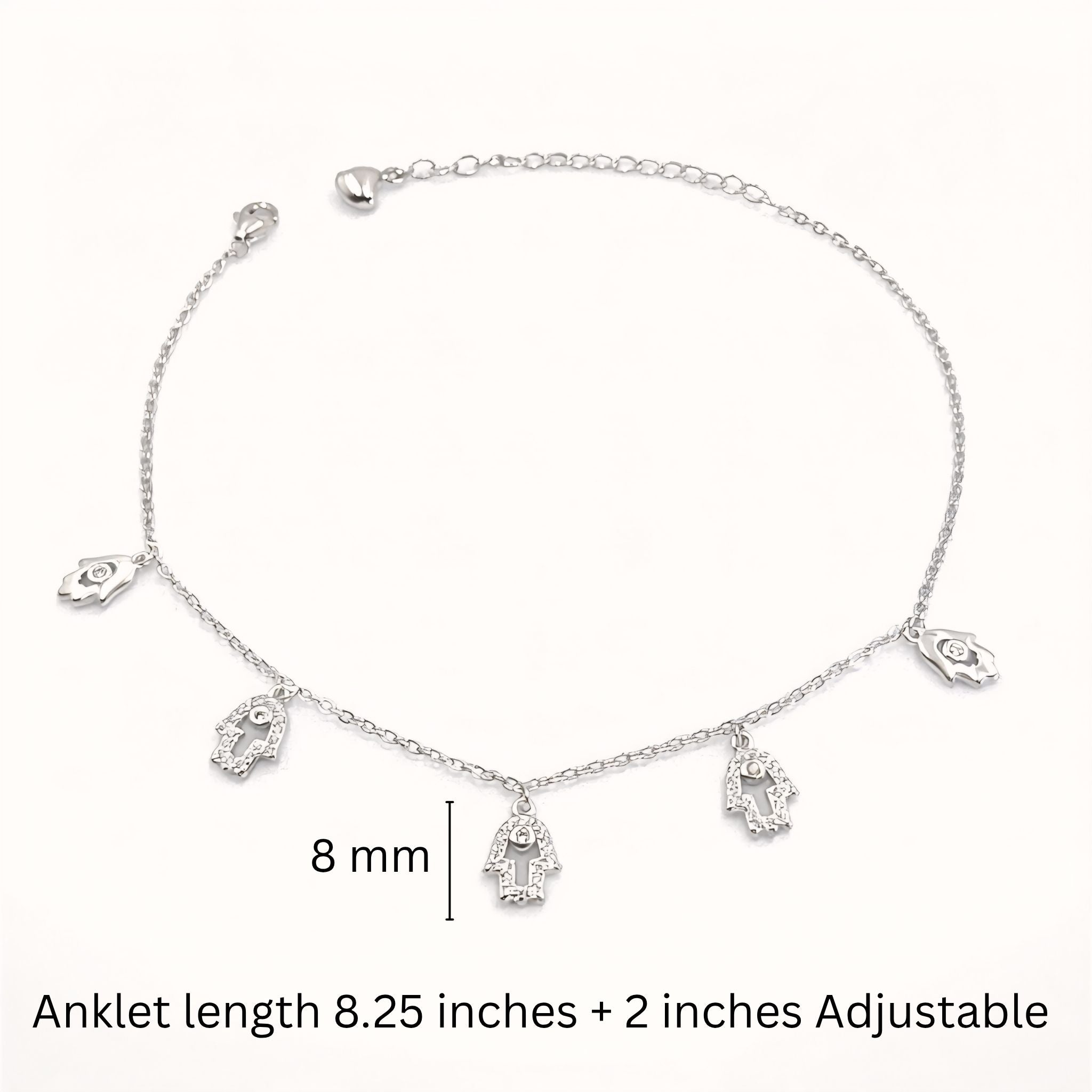 925 Sterling Silver Hamsa Hand Anklet with Dangling Charms and Cubic Zirconia