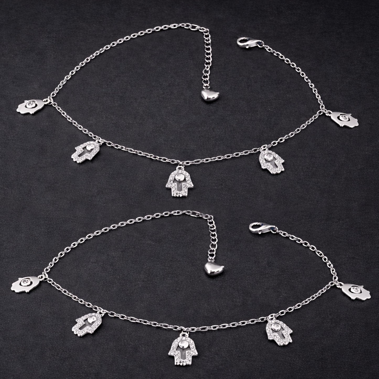925 Sterling Silver Hamsa Hand Anklet with Dangling Charms and Cubic Zirconia
