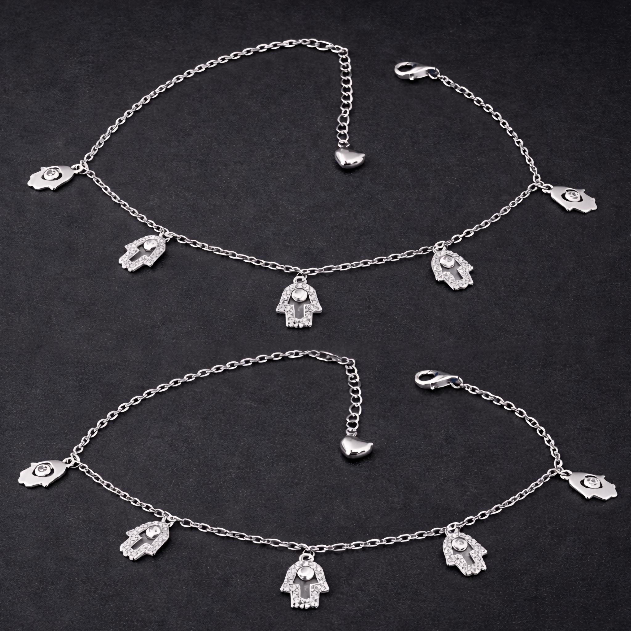 925 Sterling Silver Hamsa Hand Anklet with Dangling Charms and Cubic Zirconia