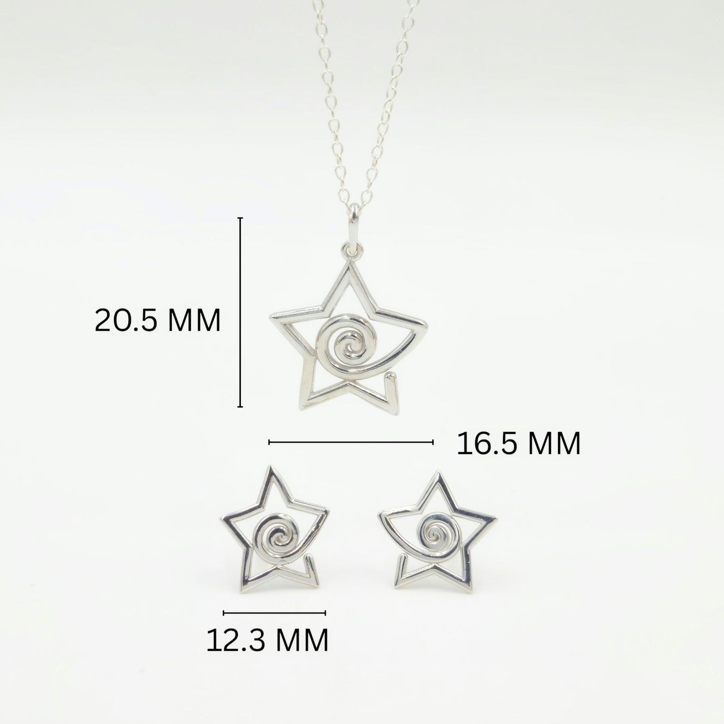 925 Sterling Silver Star Spiral Pendant and Earrings Jewelry Set