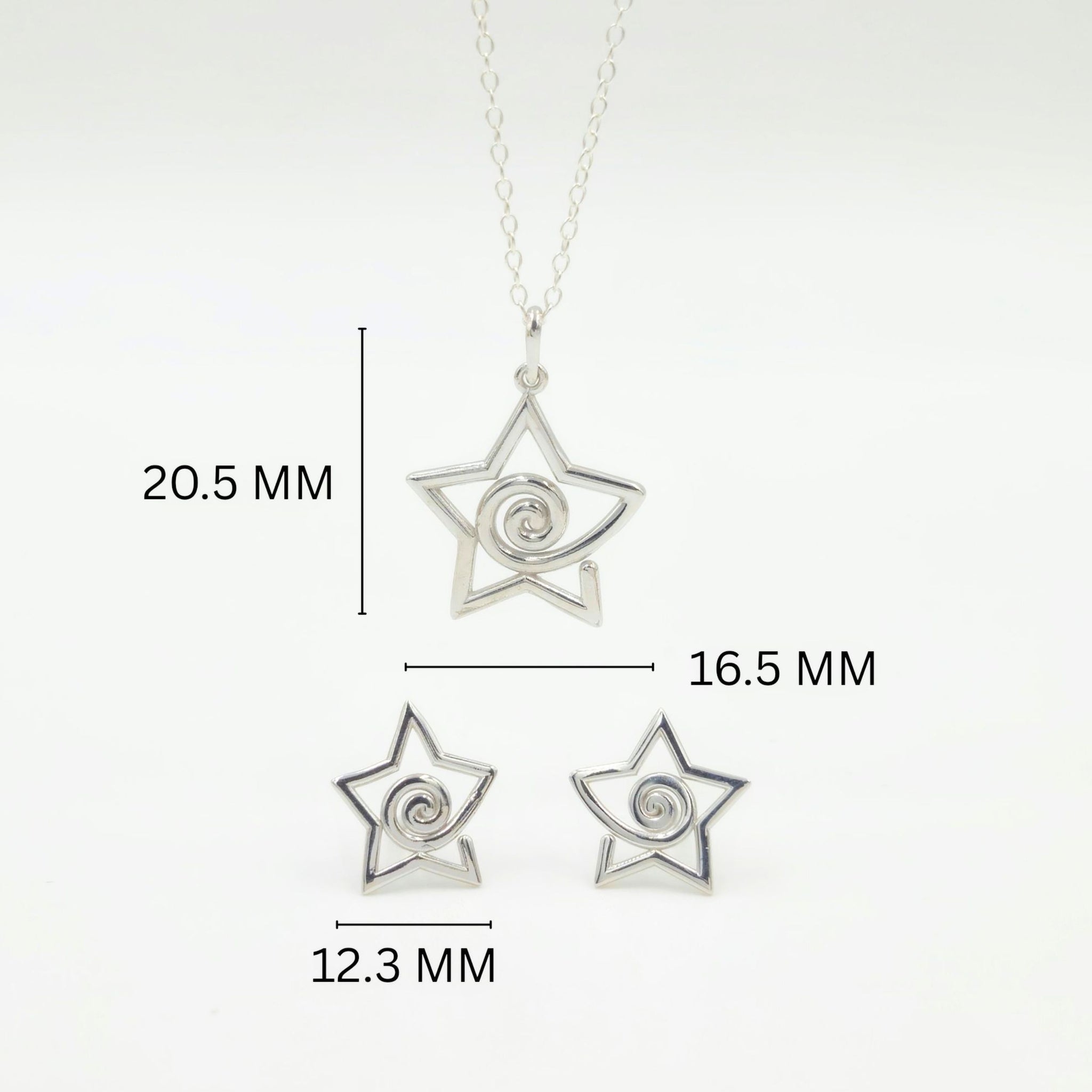 925 Sterling Silver Star Spiral Pendant and Earrings Jewelry Set