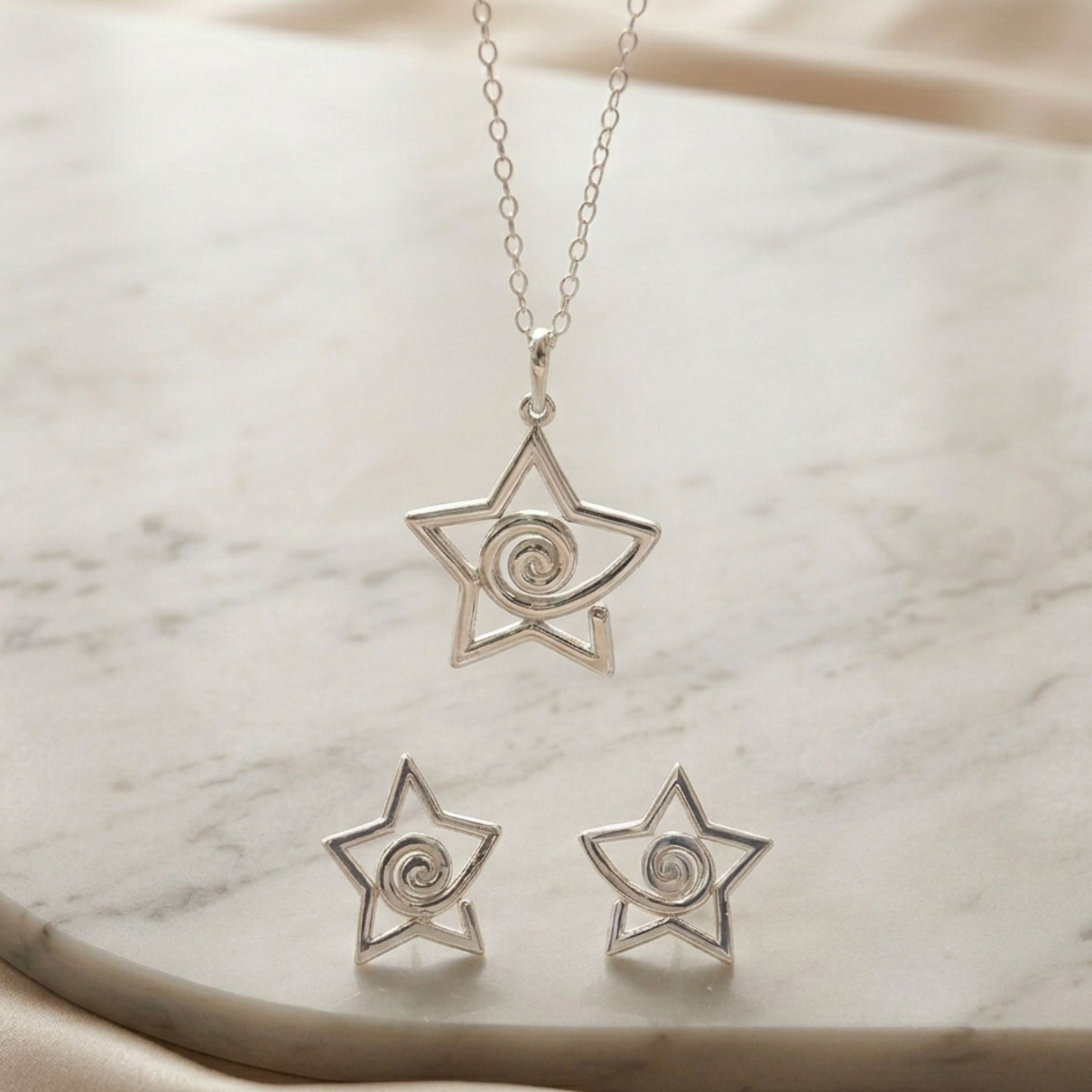 925 Sterling Silver Star Spiral Pendant and Earrings Jewelry Set
