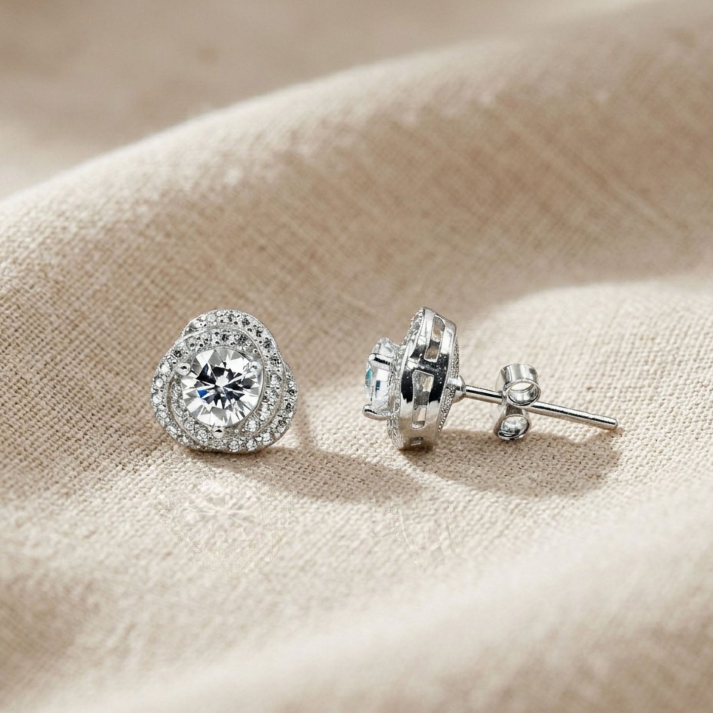 925 Sterling Silver Twisted Halo Stud Earrings With Round Solitare Cubic Zirconia
