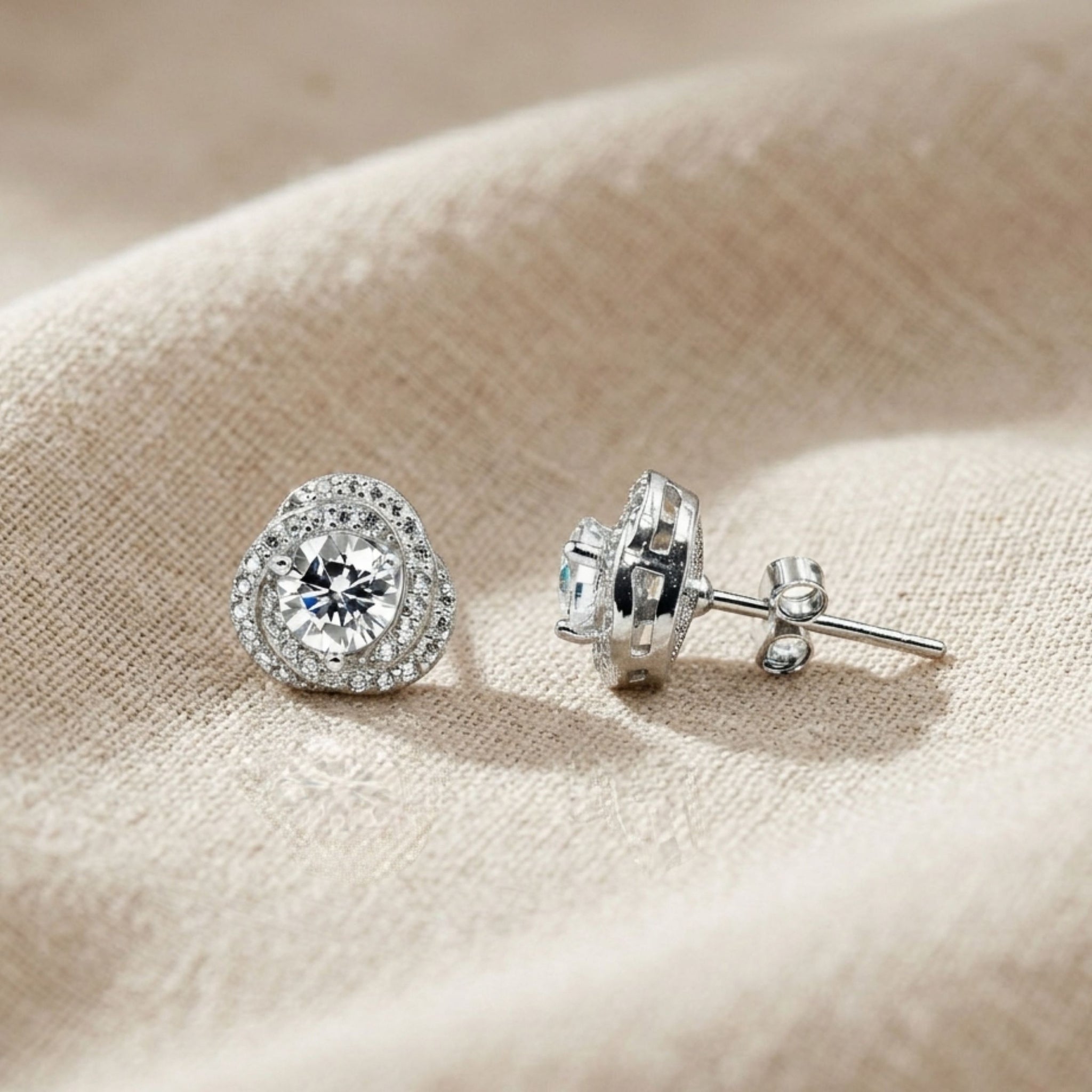 925 Sterling Silver Twisted Halo Stud Earrings With Round Solitare Cubic Zirconia