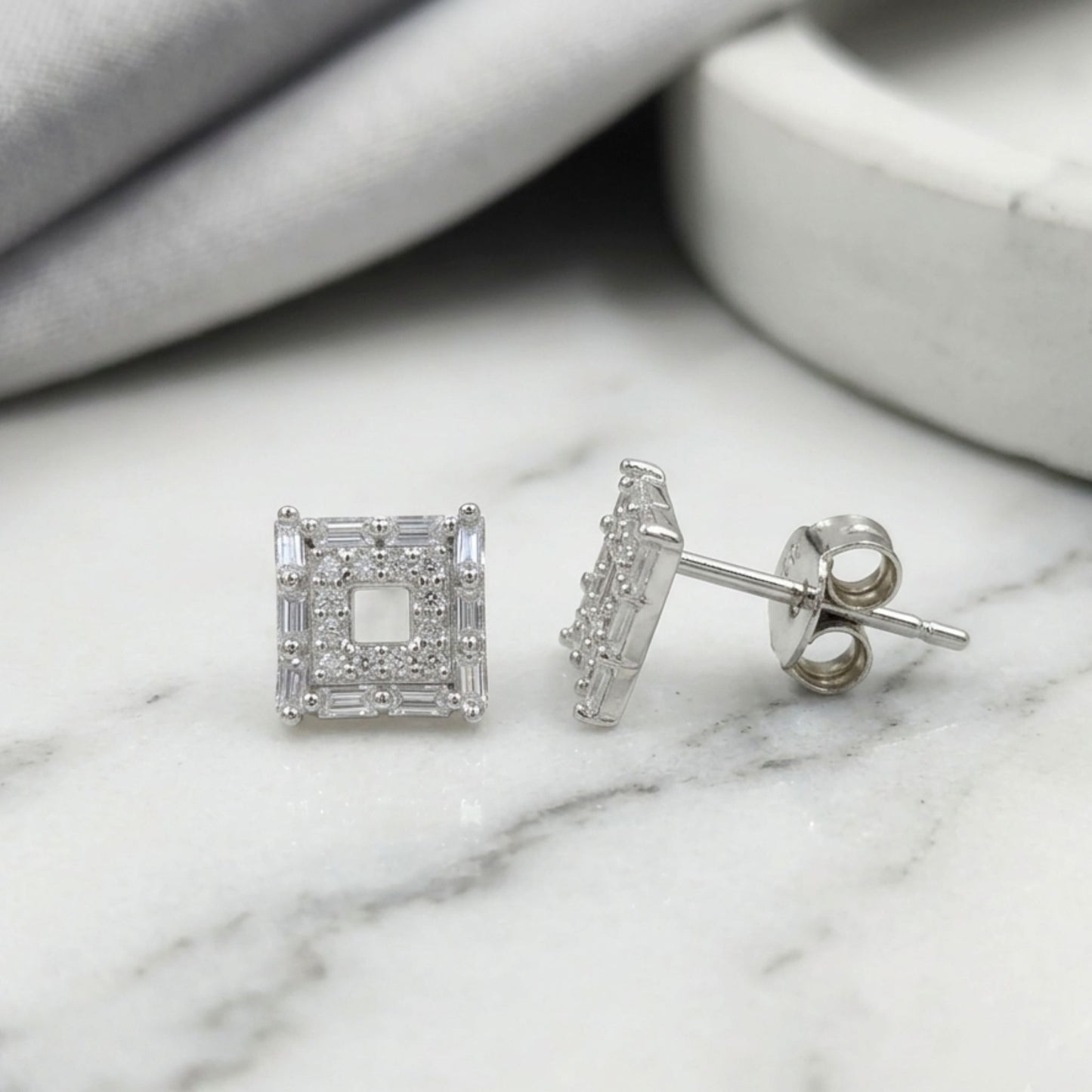 Sparkling CZ Stone Square Earrings in Pure 925 Sterling Silver