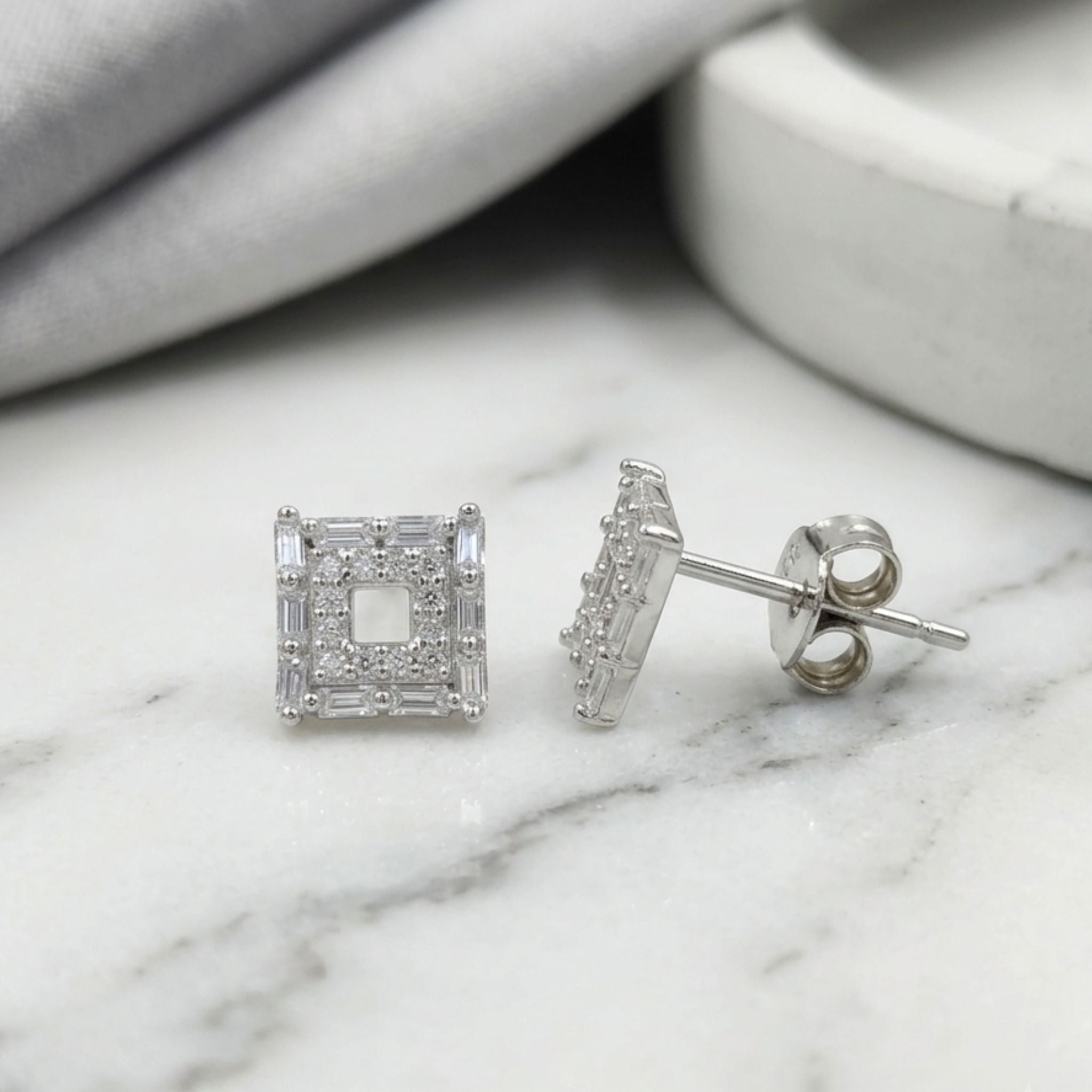 Sparkling CZ Stone Square Earrings in Pure 925 Sterling Silver