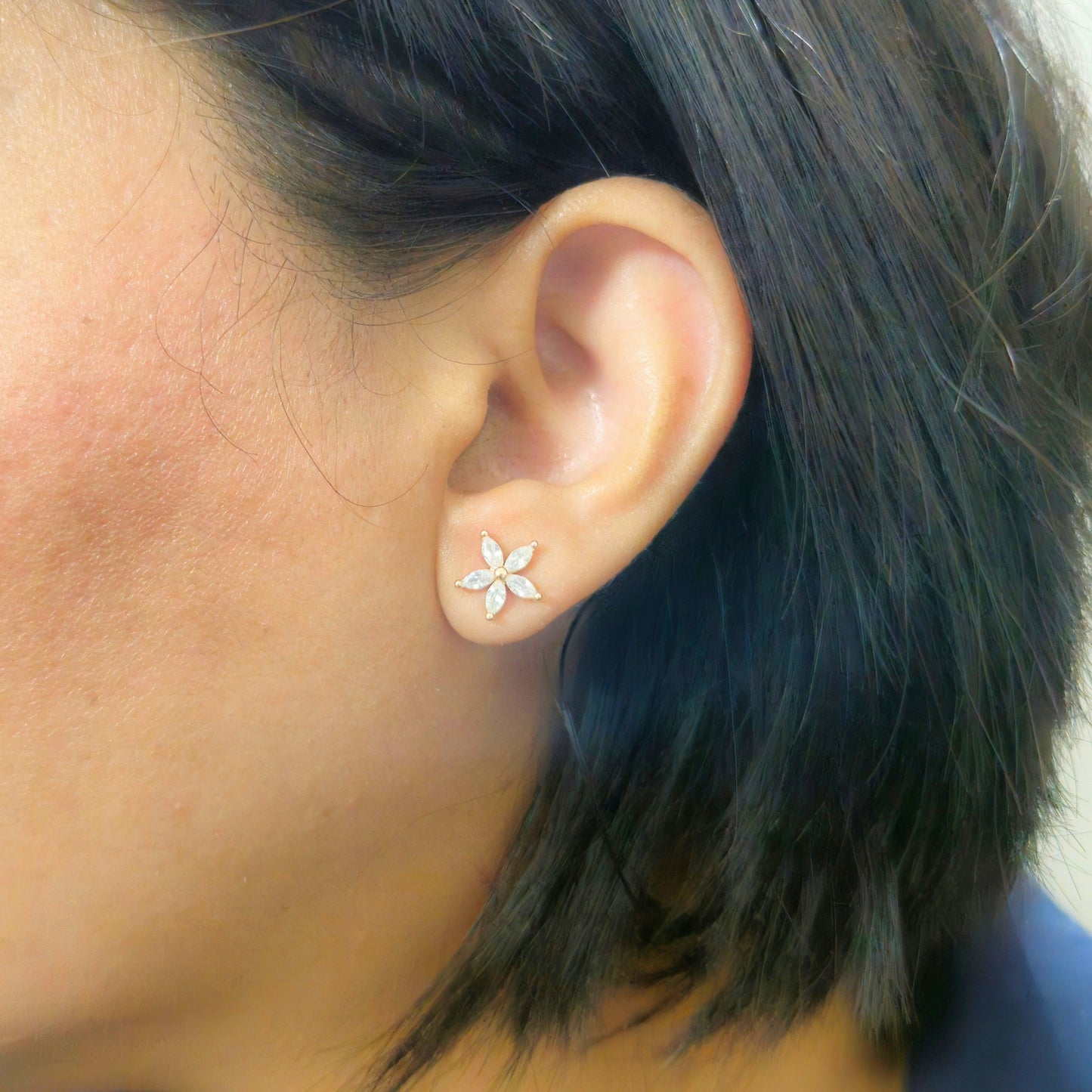 925 Sterling Silver Five Petal Flower Stud Earrings Marquise Cubic Zirconia