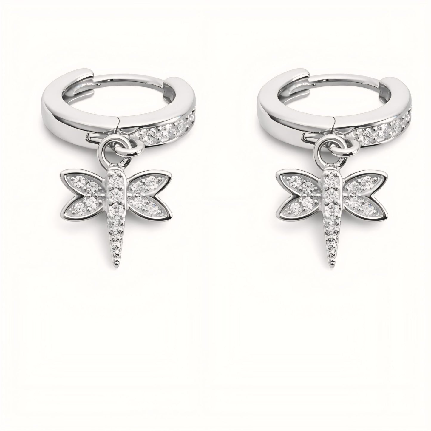925 Sterling Silver Dragonfly Huggies Drop Earrings With Cubic Zirconia