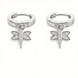 925 Sterling Silver Dragonfly Huggies Drop Earrings With Cubic Zirconia