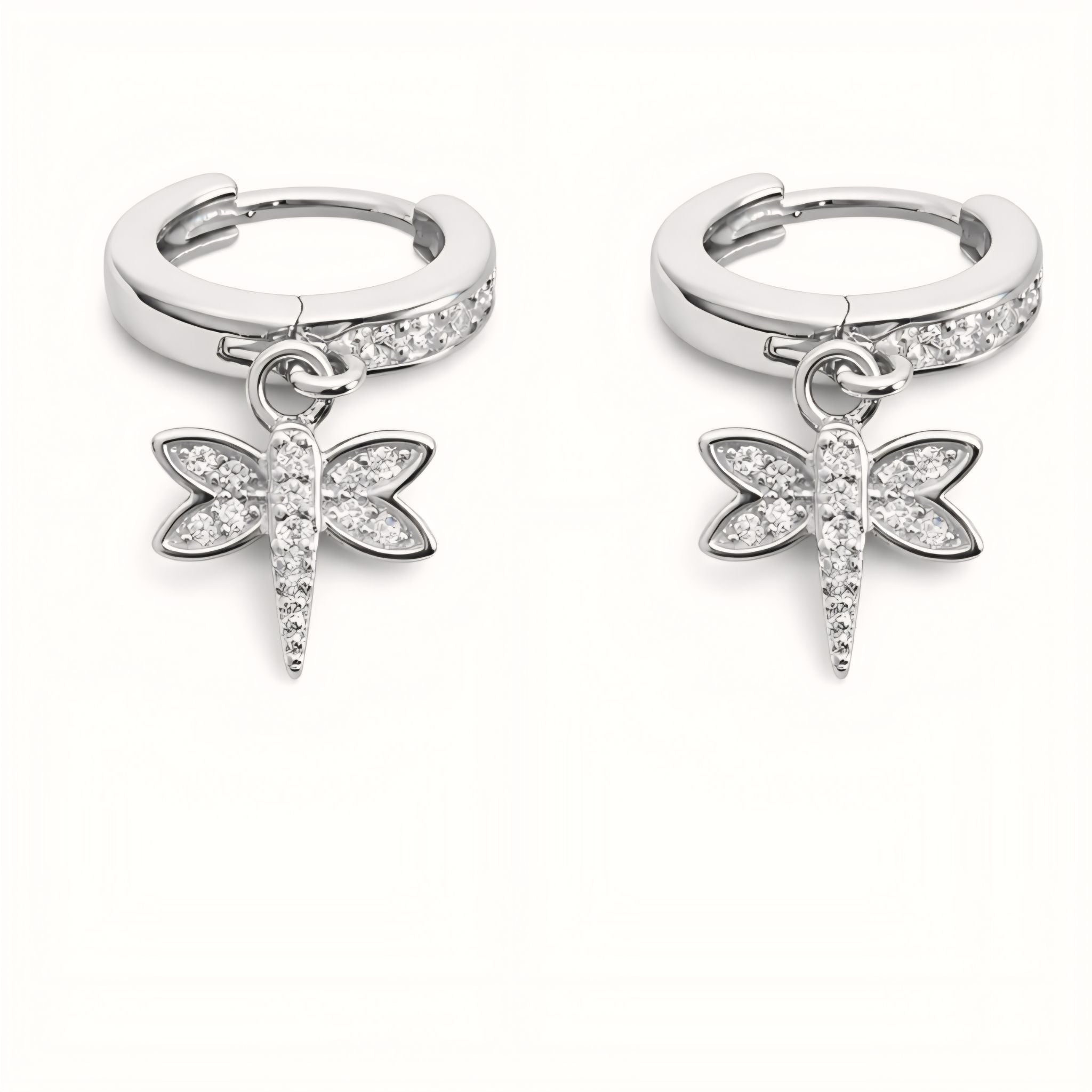 925 Sterling Silver Dragonfly Huggies Drop Earrings With Cubic Zirconia