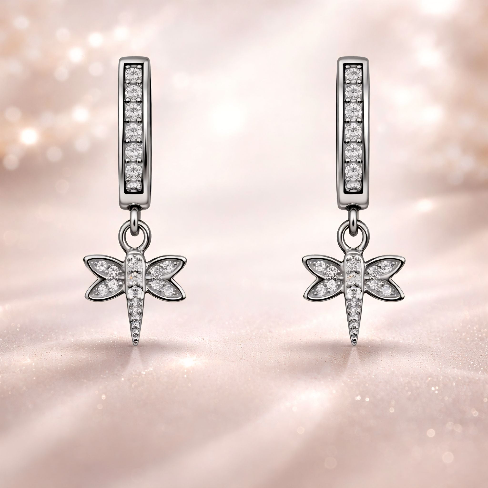 925 Sterling Silver Dragonfly Huggies Drop Earrings With Cubic Zirconia